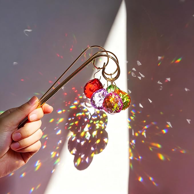 9PCS Colorful Crystal Ball Prisms with 7.5‘’ Small Gold Trellis for Plants | Mini Potted Plant Indoor Accessories,Sun Catchers,Metal Plant Stakes Suncatchers for Home Fairy Garden Decor,Whimsical Decor
