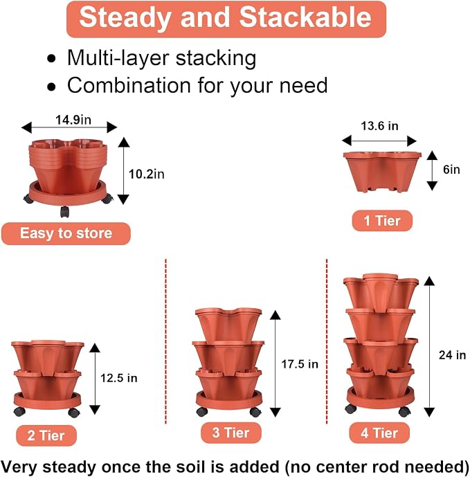 GameXcel Vertical Planter Tower - 4 Tier Stackable Garden Planters with Wheels and Tools Plant Pots for Strawberry Herb Flower and Vegetable Indoor Outdoor Use Red