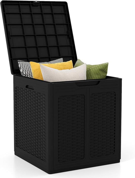 Tangkula 39 Gallon Outdoor Storage Box, Waterproof PP Resin Patio Storage Box with Lockable Lid for Indoor & Outdoor Use, Rattan Design Deck Box for Cushions, Garden Tools