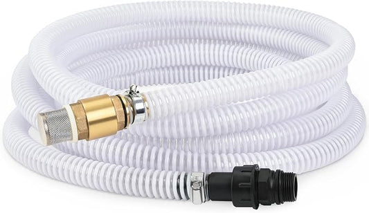 FLUENTPOWER 23FT x 1" Suction Hose Kit with Brass Fitting Check Valve and NPT 1" Thread, Water Intake Hose Set, Aspiration Hose for Well Shallow Sprinkler Garden Booster Pump, White