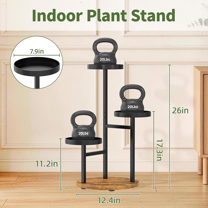 LASZOLA 3 Tier Metal Plant Stand for Indoor Corner, Heavy Duty Wooden Flower Holder Rack for Mutiple Plants, Planter Display Shelf for Patio Garden Balcony Living Room, Black
