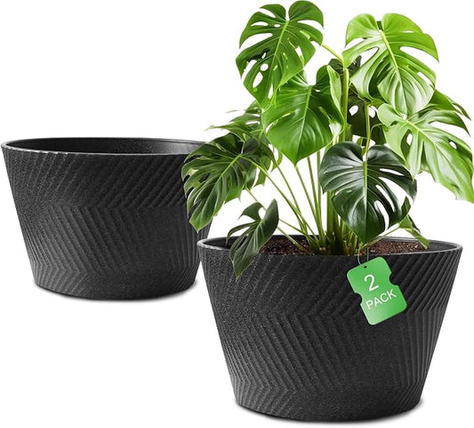 18 inch Big Plant Pots, 2 Pack Large Round Planters for Outdoor Plants, Porch, Patio, Backyard, Durable Plastic Flower Pots, Modern Décor for Tall Plants, Flowers, Black