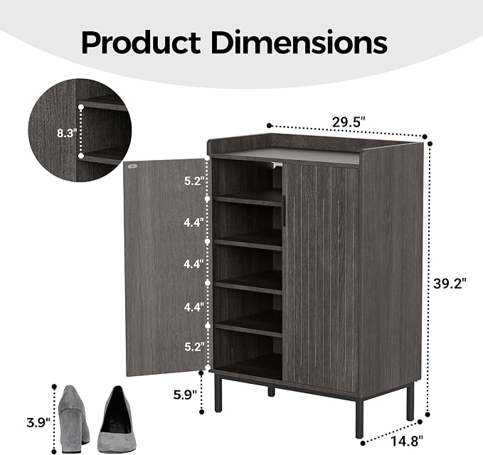 Mericonia Shoe Cabinet with Metal Legs, Farmhouse Large 5-Tier Shoe Storage Cabinet with Doors, Wooden Shoe Organizer for Entryway, Hallway (2 Door Shoe Cabinet, Black Oak-Modern)