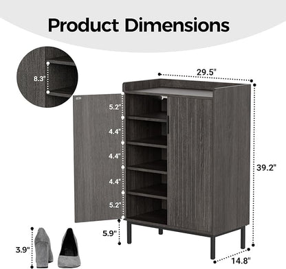 Mericonia Shoe Cabinet with Metal Legs, Farmhouse Large 5-Tier Shoe Storage Cabinet with Doors, Wooden Shoe Organizer for Entryway, Hallway (2 Door Shoe Cabinet, Black Oak-Modern)
