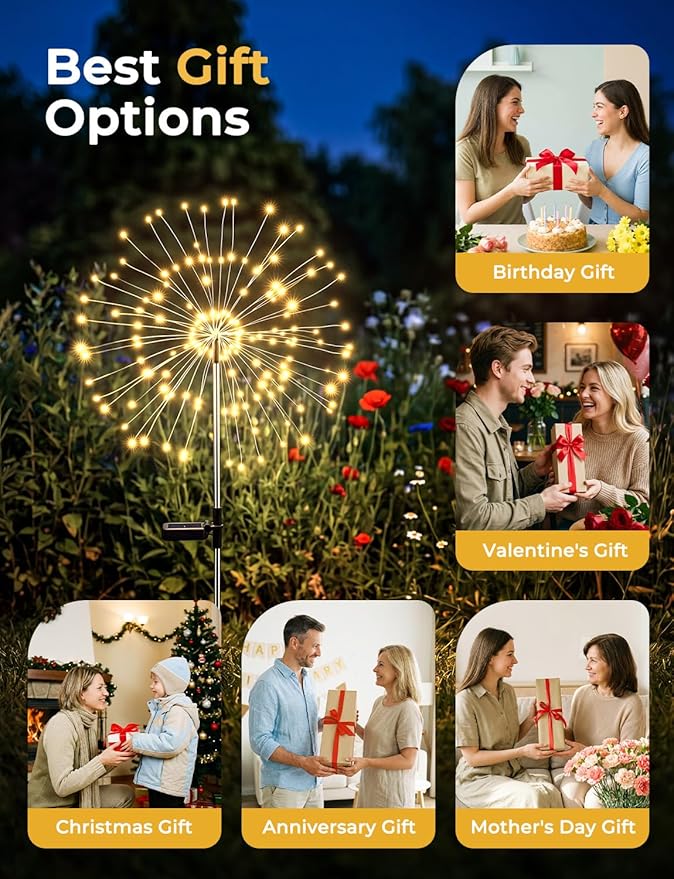 Brightown 150LED Solar Garden Lights Outdoor, 8 Modes 2 Pack Firework Fairy Lights for Outside Decorative, Solar Powered Stake Flowerbed Planter Decorations for Yard Pathway Patio Christmas,Warm White