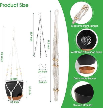 Vanslogreen Hanging Planters for Indoor Outdoor Plants, 2 Pack Self Watering Hanging Pots, Hanging Plant Baskets with Drainage Holes & 2 Types of Plant Hangers (Black, 6'')