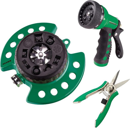 DRAMM Watering and Tool Set In Green Includes 9-Pattern Revolver Spray Gun, 9-Pattern ColorStorm Turret Sprinkler, and ColorPoint Compact Shear