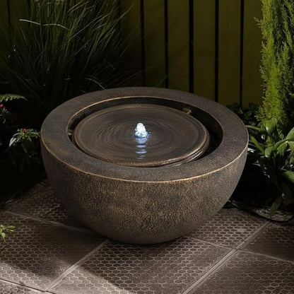 XBrand 9.65" H Round Sphere Water Fountain Indoor/Outdoor with LED Light, Polyresin Bubbler Feature for Patio, Yard, Home Décor - Bronze, Tranquil Serene Garden Accent