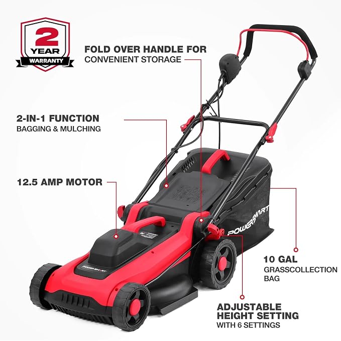 PowerSmart Corded Electric Lawn Mower, 14 Inch, 12.5 Amp, Ergonomic Handle | Large Capacity Grass Catcher, Reliable Motor, 6-Position Height Adjustment, 2-in-1 Mulch & Bag