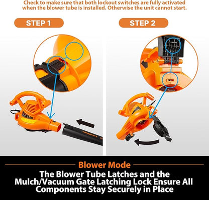 LawnMaster BV1210 Electric Blower Vacuum Mulcher 12 Amp 2-Speed Adjustment with Metal Impeller 240 MPH 380 CFM 16:1 Mulch Ratio with Collection Bag