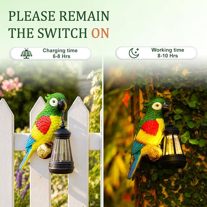 Colorful Parrot Garden Decor, Hanging Tree Ornament with Lantern Accent, Outdoor Yard Art for Patios and Lawns, Unique Gift for Garden Lovers