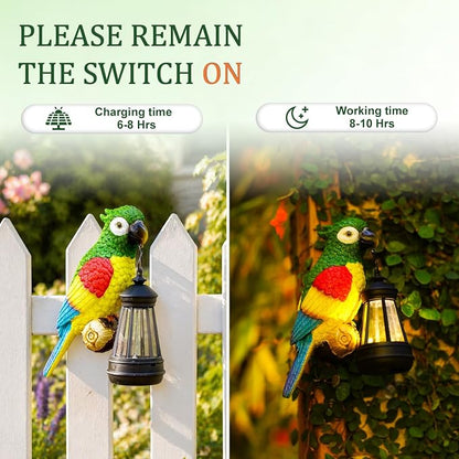 Colorful Parrot Garden Decor, Hanging Tree Ornament with Lantern Accent, Outdoor Yard Art for Patios and Lawns, Unique Gift for Garden Lovers