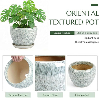 10.2 Inch Ceramic Planter with Saucer Leak-Proof Mesh &Drainage, Round Plant Pot with Gardening Gloves for Indoor Outdoor Plants (Blue Crackle Glaze)
