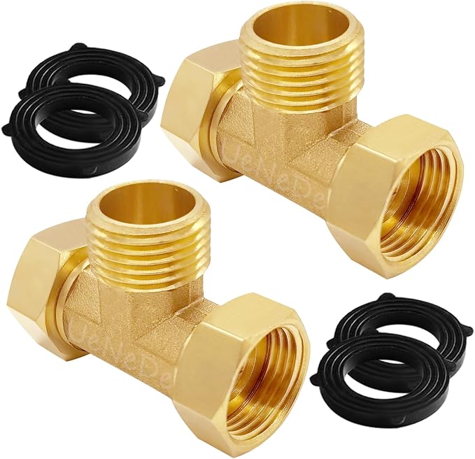 Uenede 2PCS Brass 3/4 Inch GHT Tee Pipe Fitting, 3/4" GHT Female x Male x Female for Garden Hose Threaded Tube Pipe Fittings