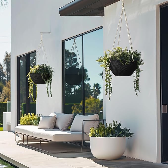 LA JOLIE MUSE Hanging Planters for Outdoor Plants, Large Hanging Planter with Drain Holes, Outdoor Hanging Flower Pots, Matte Black, Honeycomb (13.2 Inch, Set of 2)