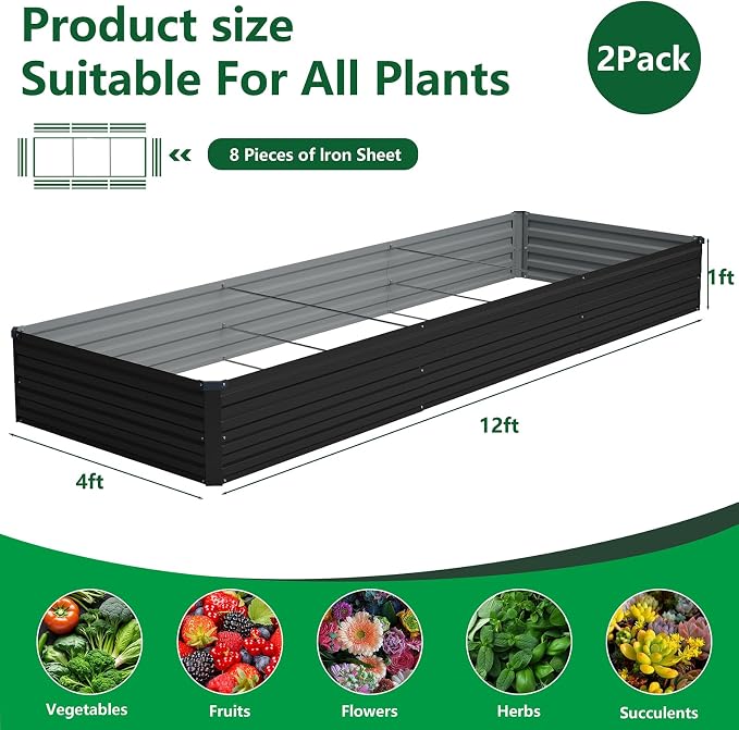 Vengarus 2PCS 12x4x1ft Galvanized Raised Garden Beds Kit,Planter Box Black | Galvanized Steel, Rectangular Metal Planter Raised Beds, Vegetables, Herbs, Flowers, Easy Assembly, Rustproof Safe Backyard