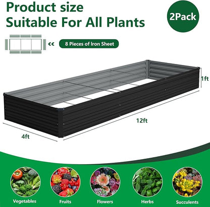 Vengarus 2PCS 12x4x1ft Galvanized Raised Garden Beds Kit,Planter Box Black | Galvanized Steel, Rectangular Metal Planter Raised Beds, Vegetables, Herbs, Flowers, Easy Assembly, Rustproof Safe Backyard