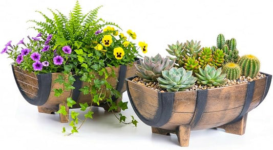 Gardenised 2-Piece Rectangular Half Barrel Flower Pots Rustic Farmhouse Style Faux Wood Planter Containers for Indoor & Outdoor Use Perfect for Displaying Decorative Garden Florals Herbs & Succulents