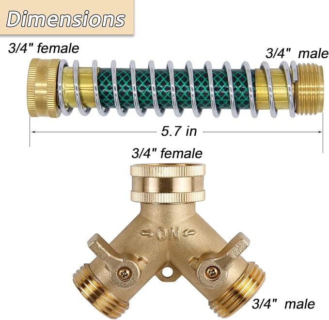 Triumpeek 3/4" Brass 2 Way Hose Splitter, Brass 2 Way Garden Hose Connector with 2 Pcs Garden Hose Coiled Spring Protectors and 6 Rubber Washers