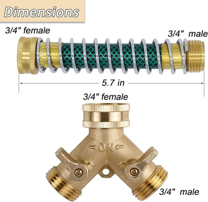 Triumpeek 3/4" Brass 2 Way Hose Splitter, Brass 2 Way Garden Hose Connector with 2 Pcs Garden Hose Coiled Spring Protectors and 6 Rubber Washers