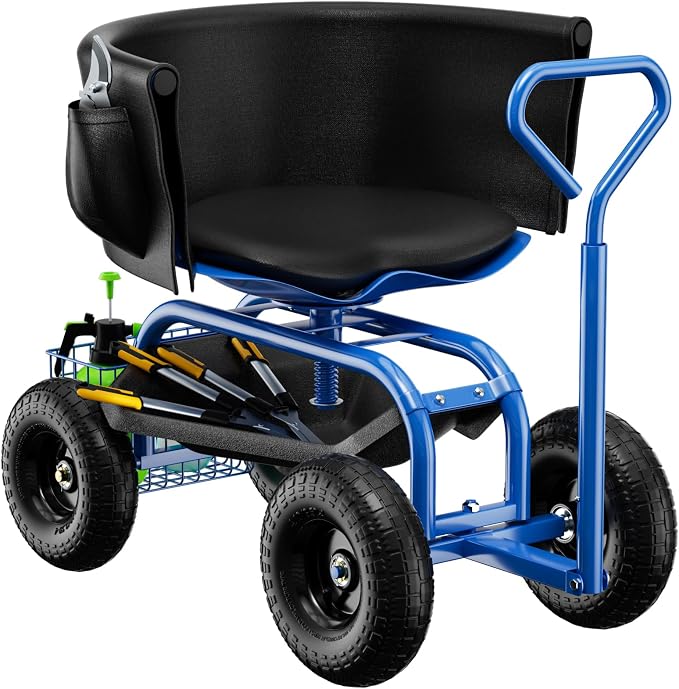 Baotree Garden Seat with Wheels, Rolling Garden Stool with Adjustable 360°Swivel Seat, Storage Basket & Extendable Handle, Outdoor Gardening Scooter, Garden Cart Workseat Stools for Seniors