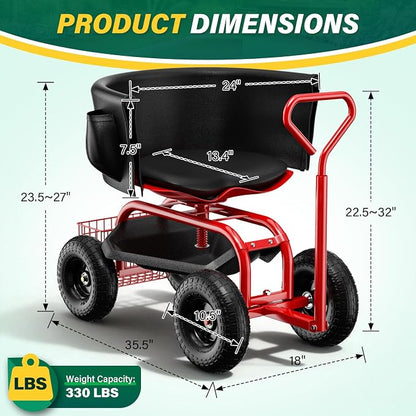 Baotree Garden Seat with Wheels, Rolling Garden Stool with Adjustable 360°Swivel Seat, Storage Basket & Extendable Handle, Outdoor Gardening Scooter, Garden Cart Workseat Stools for Seniors