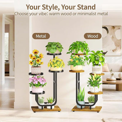 LASZOLA Black 4 Tier Tall Metal and Wood Plant Stand Indoor, Large Heavy Duty Planter Holder Rack for Vertical Corner, Sturdy Iron Spiral Multiple High Flower Organizer for Rustic Patio House Bathroom