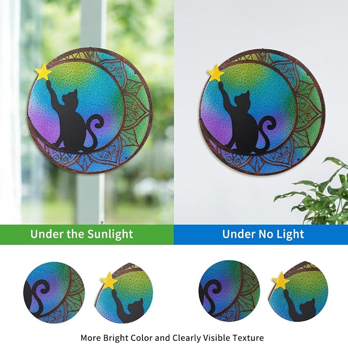 VEWOSTAR 11.8”Stained Glass Window Hanging Round Cat Sun Catchers with Star | Handmade Metal Frame Suncatcher for Window Stained Glass Panels for Wall Garden Decor