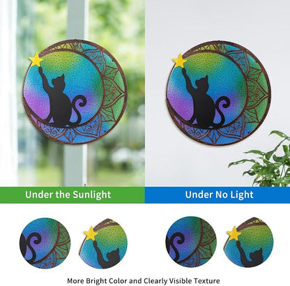 VEWOSTAR 11.8”Stained Glass Window Hanging Round Cat Sun Catchers with Star | Handmade Metal Frame Suncatcher for Window Stained Glass Panels for Wall Garden Decor