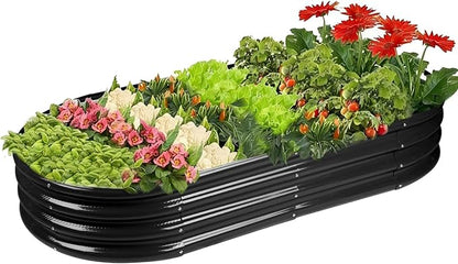 Rakukiri Raised Garden Bed GRS Certified Galvanized Planter Box Outdoor, 8ft Oval Rot-Resistant Metal Garden Bed Planter, Recycled Material Planter for Vegetables Flowers Herbs (Black)