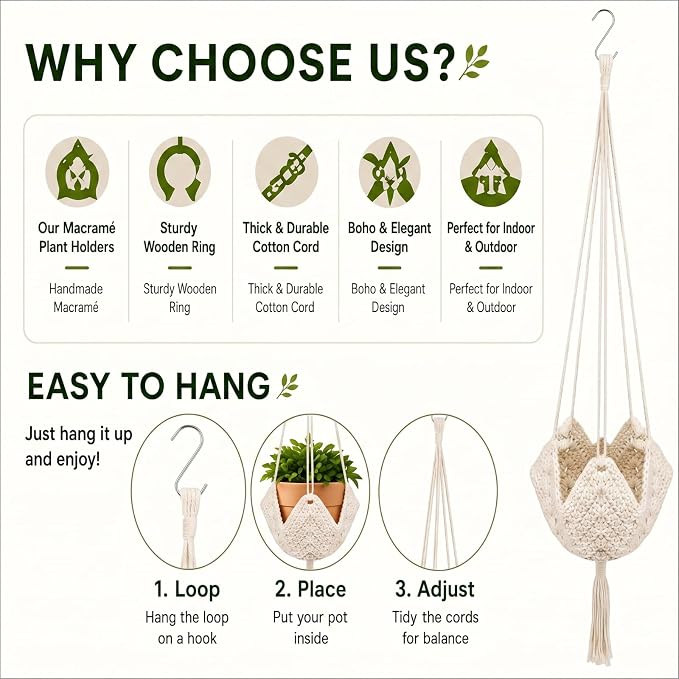 Shappy 3 Pack Boho Macrame Plant Hanger, Large Hanging Planter Plant Holder Pot Hanger Hanging Basket Wall Planters, Plants Lover Gift for Indoor Garden (Classic,Avocado Green,Bean Green,Cream)