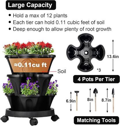 GameXcel Vertical Planter, 3 Tier Stackable Strawberry Planter with Garden Tool Set, Movable Indoor/Outdoor Garden Herb Pot for Growing Vegetables and Succulents, Black