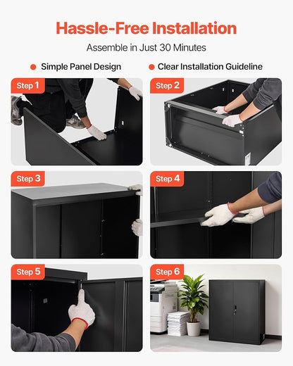 VEVOR Metal Storage Cabinet, 41.7 in Steel Garage Cabinet with 2 Adjustable Shelves, 2 Magnetic Doors & 2 Keys, 3 Tiers Lockable Tool Storage for Pantry, Warehouse, Basement, Office, Black