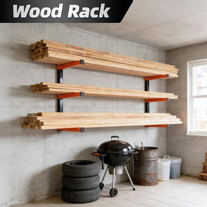 Lumber Storage Rack Wall Mounted 2 Pack, Wood Organizer with 3-Level Holds Up to 660LBS, Heavy Duty Folding Metal Garage Organizer for Indoor and Outdoor, Orange
