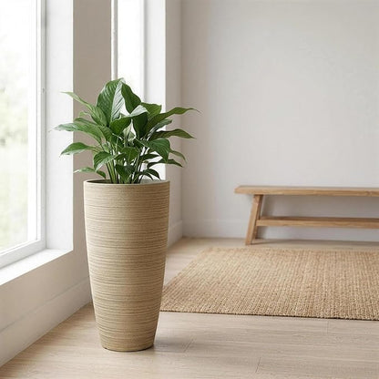 ZMTECH 2-Pack Large Tall Planters with Saucer - 6.8 Gallons /12x21 Inch Faux Stone Finish Round Flower Pots for Indoor Plants, Outdoor Patio & Porch Decor, Unbreakable Plant Containers Beige