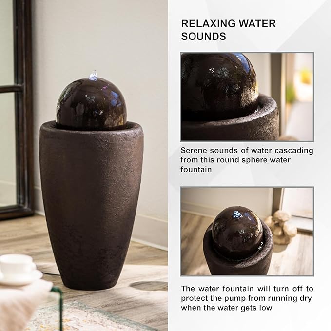 XBrand 25.98" H Brown Round Stone Indoor/Outdoor Modern Sphere Water Fountain with LED Lights – Ball Bubbling Fountain Décor for Garden, Patio, or Tabletop