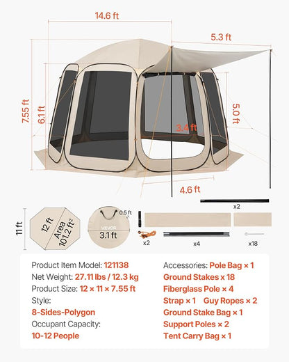 VEVOR Pop up Screen House Tent, 12 x 11 ft, 10-12 Person Screen Gazebo with Extended Awning, Portable Screened in Canopy with Carry Bag, Netting Sides, for Patio, Backyard, and Outdoor Activities