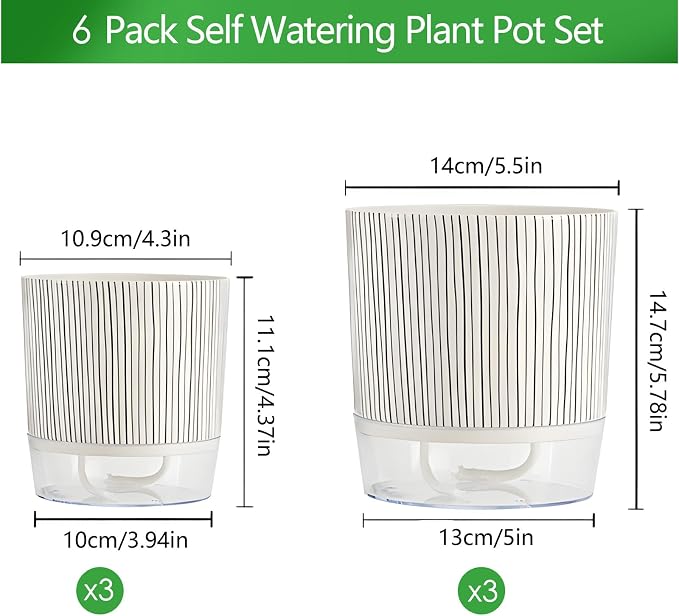 6 Pack Self Watering Pots for Indoor Plants, Flower Planters with Wick Rope & Reservoir, 4" + 5.5" Plastic Pots for African Violet, Orchid, Succulent, Herbs
