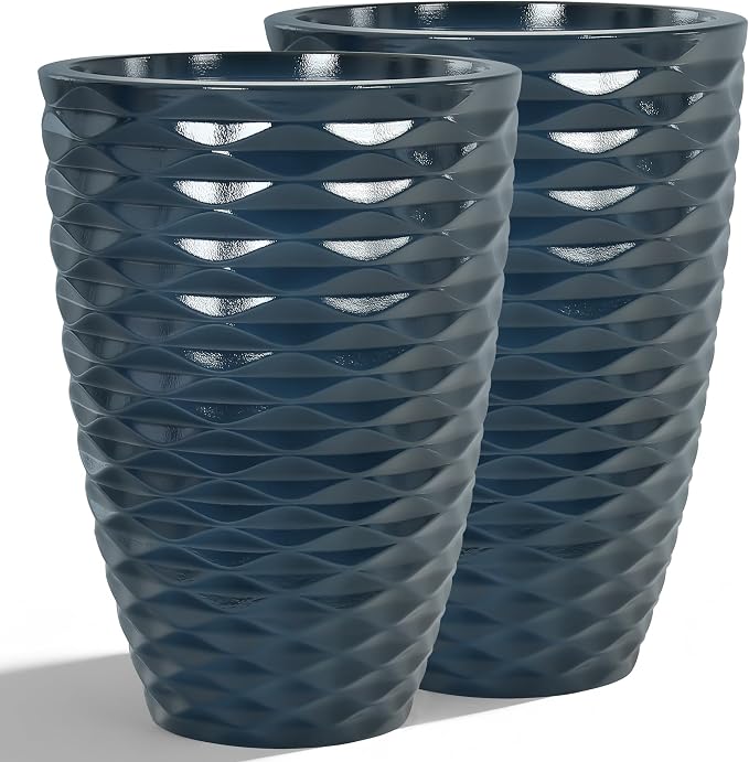 2-Pack 19" Glossy Navy Blue Resin Tall Planters with Wave Texture | Set of 2 resin tall planters with glossy navy blue wave texture, drainage plugs, and UV-resistant finish for porch or patio