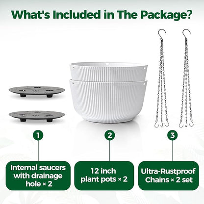 T4U 12 Inch Large Hanging Planters for Indoor Plants, 2 Pack Self Watering Pots Indoor, Hanging Baskets for Plants,Hanging Flower Pot with Drainage Hole and Plant Hanger, White