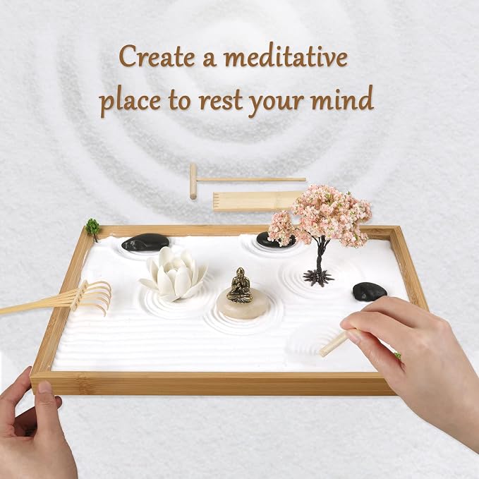 Mini Zen Garden for Desk Buddha | 11 x 7.5 in Desktop Sand Tray with Buddha, Japanese Meditation Gift Set for Home, Office, Therapy Room & Desk Decor