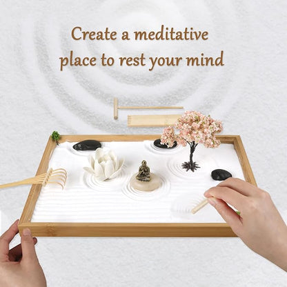 Mini Zen Garden for Desk Buddha | 11 x 7.5 in Desktop Sand Tray with Buddha, Japanese Meditation Gift Set for Home, Office, Therapy Room & Desk Decor