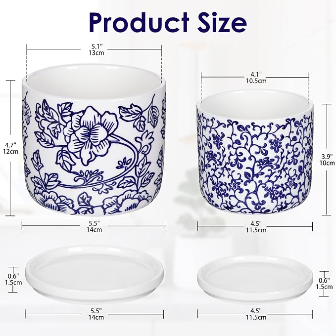 Set of 2 Blue and White Ceramic Plant Pots with Drainage Hole and Saucers, Retro Blue Porcelain Vase Round Planters for Succulent Cactus Indoor Outdoor Garden Home Desktop Decor, 4.5+5.5 Inch