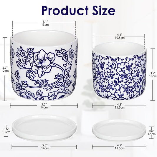 Set of 2 Blue and White Ceramic Plant Pots with Drainage Hole and Saucers, Retro Blue Porcelain Vase Round Planters for Succulent Cactus Indoor Outdoor Garden Home Desktop Decor, 4.5+5.5 Inch