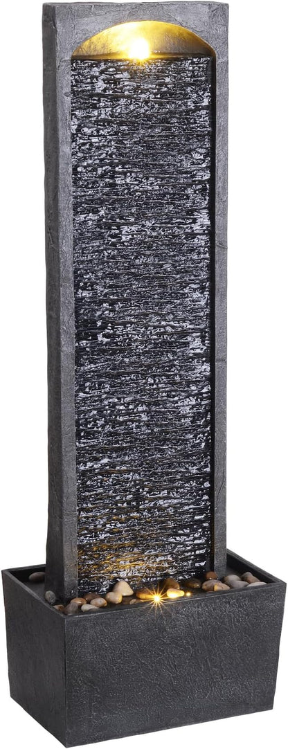 Teamson Home 38.5" Faux Slate Contemporary Outdoor LED Waterfall Fountain with Pebble Base, Gray/Black | Contemporary, Pebble Base