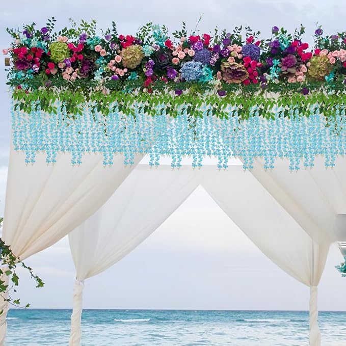 Artificial Flowers Hanging Flowers, Fake Wisteria Flower Garland Silk Vines Rattan String Decor for Home Wedding Arch Wall Garden Greenery Bedroom Outdoor Office Party Decoration (36, Blue)