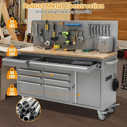 PeakPursuit 61" Rolling Tool Chest with 10 Drawers, Workbench Cabinet with Power Strip, Solid Rubber Wood Top, Pegboard, 1675 LBS Load, Mobile Heavy Duty Garage Storage, Locking Wheels, Silver