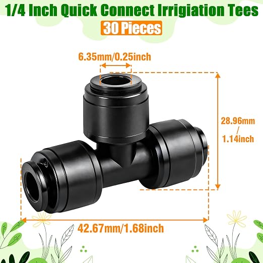 30 Pack 1/4 Inch Drip Irrigation Tee Fittings - 1/4'' Drip Line Push-to-Fit Connectors for 1/4 Inch Drip Irrigation Tubing Leak Free Lock T Parts for Drip Irrigation System