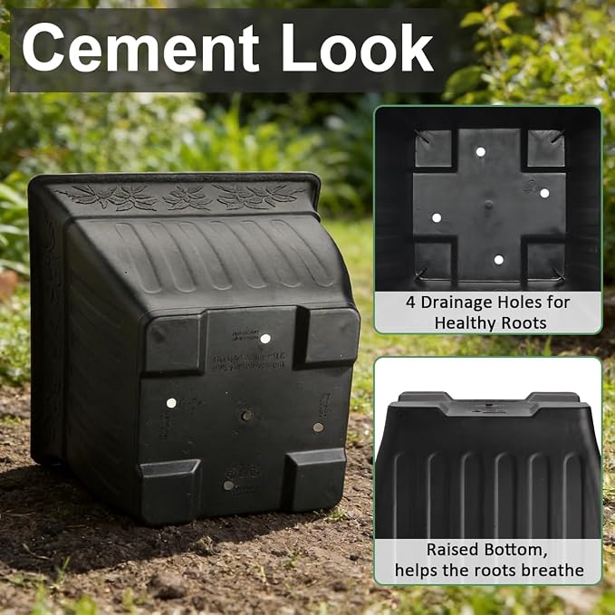 BTPLASTIK 18 inch Large Square Planter for Plants - 4 Pack Decorative Black Plastic Flower Pots with Drainage Holes & Raised Base, 14 Gallon Vintage Garden Pot for Outdoor, Patio, Porch (15" Tall)