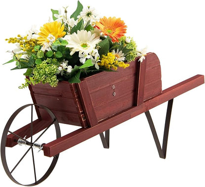 Wooden Wagon Planter, 27.5"x10.5"x11.5" Wheelbarrow Cart Plant Pot with Halloween Decoration & Metal Supports, Single Wheel Movable Garden Flower Cart Planter for Yard, Backyard (Red)